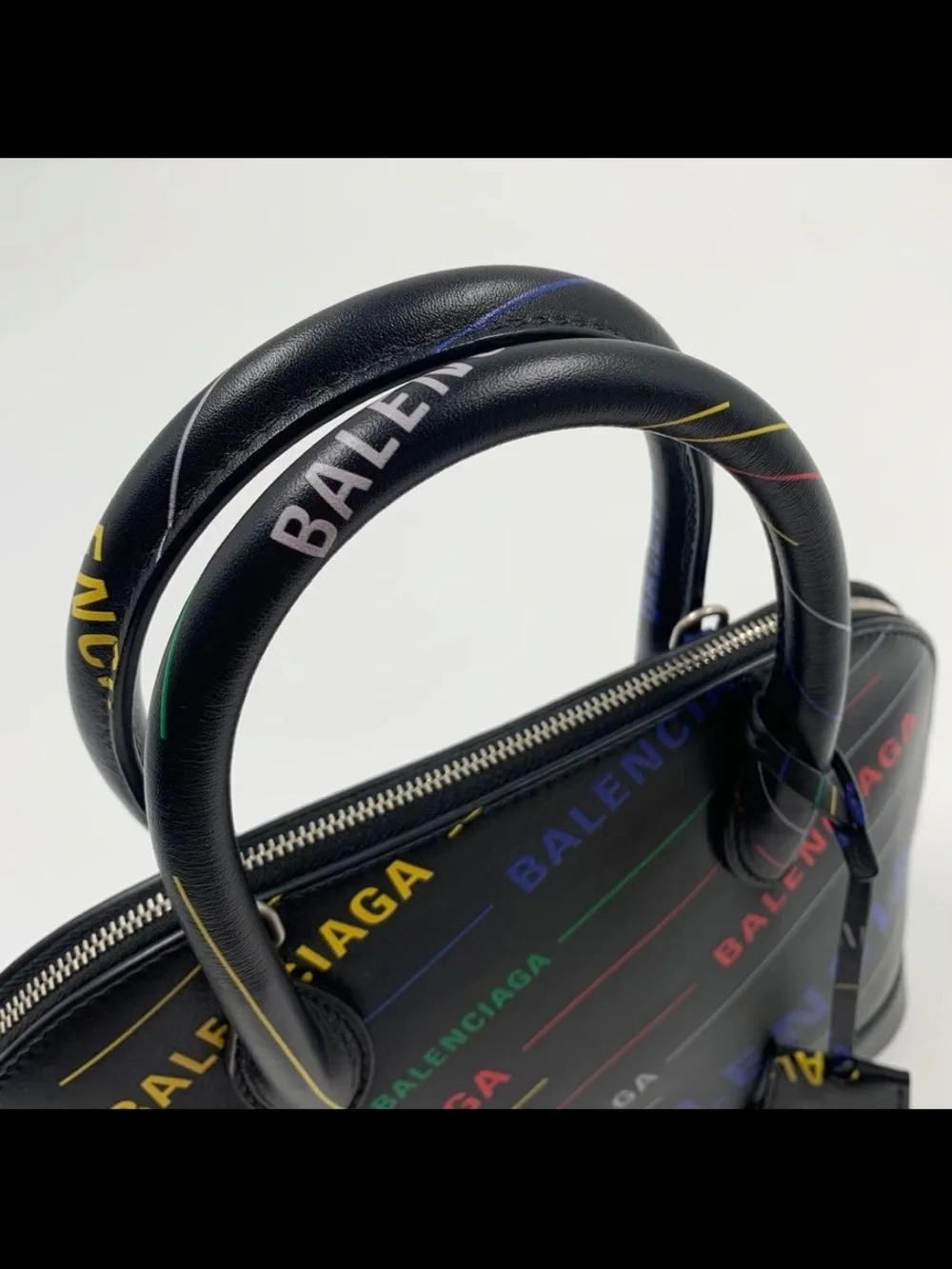 Balenciaga Black Multicolor Logo Dome Satchel with Top Handles